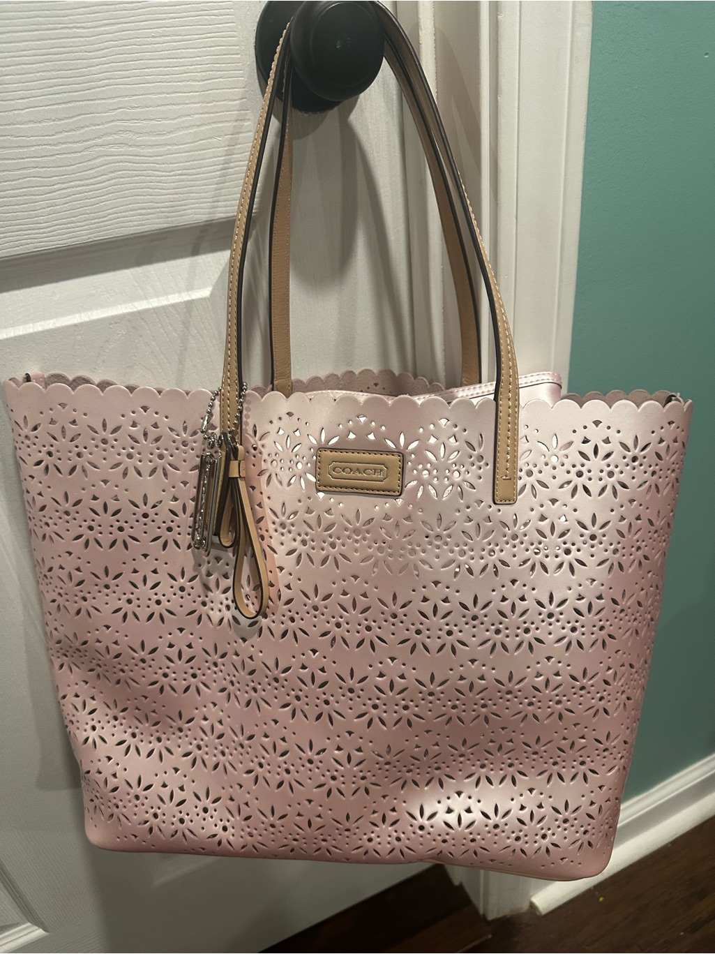 Coach Pink Laser-Cut Floral Tote With Tan Handles